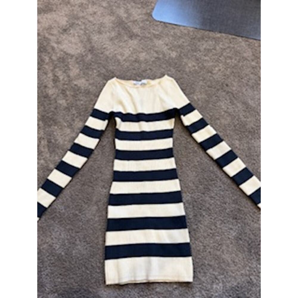 Zara Ribbed Knit Striped Bodycon Dress Cream Navy Long Sleeve Women’s S